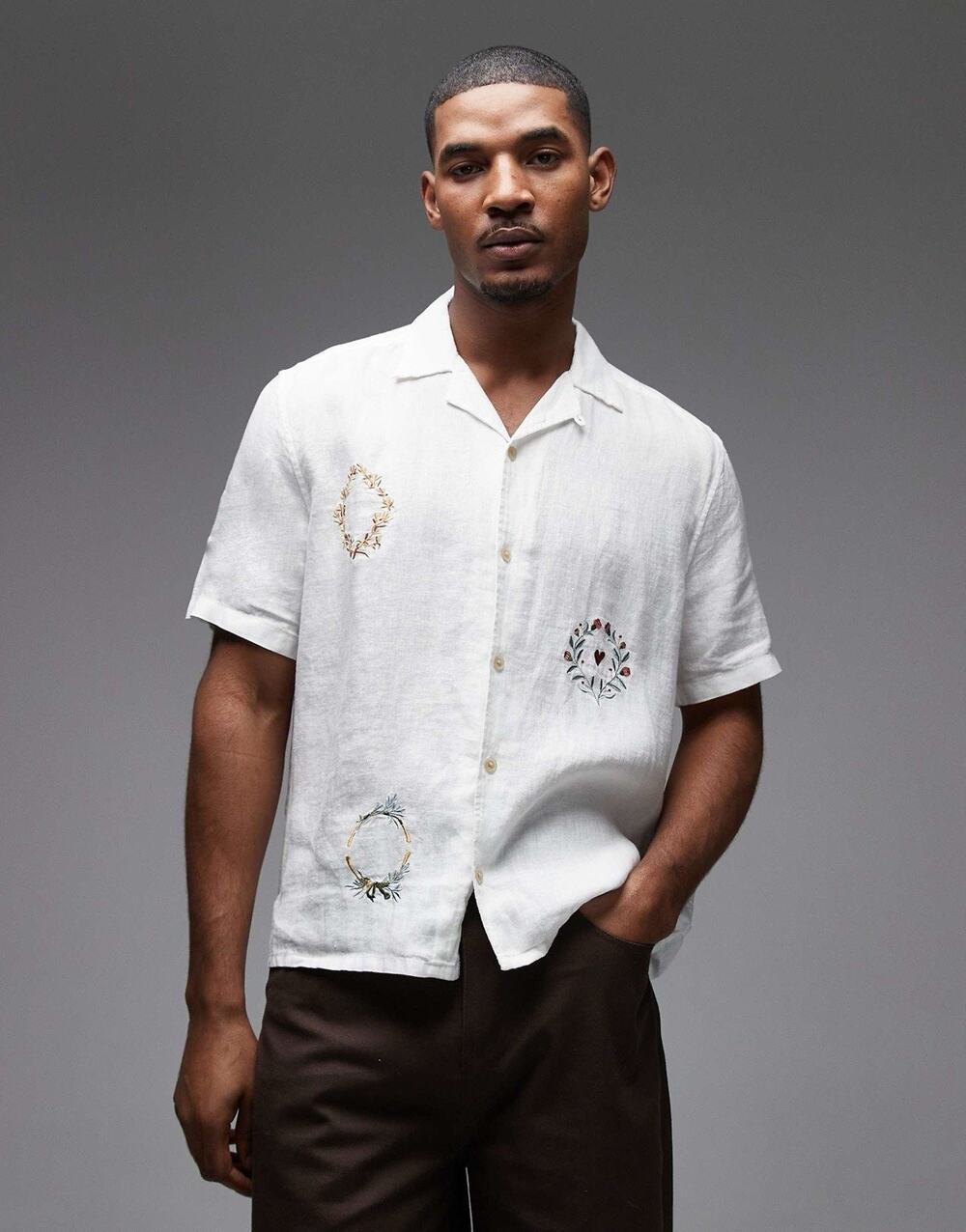 Men’s AllSaints Deck Embroidered White Linen Camp Shirt Relaxed Boxy Fit Sz S